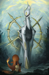 Rule 34 | arceus, charmander, commentary, creature, creatures (company), english commentary, fire, fire, flame-tipped tail, full body, game freak, gen 1 pokemon, gen 2 pokemon, gen 4 pokemon, highres, legendary pokemon, mcgmark, mythical pokemon, nintendo, no humans, pichu, pokemon, pokemon (creature), signature, standing