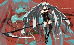 Rule 34 | blue hair, boots, chain, elbow gloves, garter straps, gloves, hatsune miku, latex, latex gloves, latex legwear, leather, long hair, naka (cheeseyeast), red eyes, scythe, solo, thigh boots, thighhighs, twintails, very long hair, vocaloid, zettai ryouiki