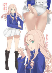 Rule 34 | 1girl, adjusting clothes, adjusting panties, ass, bc freedom military uniform, blonde hair, blue jacket, boots, drill hair, eating, food, girls und panzer, green eyes, highres, holding, holding spoon, jacket, lips, long hair, long sleeves, looking at viewer, marie (girls und panzer), miniskirt, panties, parted lips, pleated skirt, school uniform, shirt, simple background, skirt, spoon, standing, translated, underwear, white panties, white shirt, white skirt, yamano rita