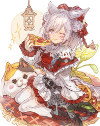 Rule 34 | 1girl, ;), animal ears, blush, boots, brown footwear, capelet, cat ears, cheese trail, commentary request, commission, cross-laced footwear, double bun, dress, eating, facial mark, final fantasy, final fantasy xiv, food, frilled capelet, frills, full body, grey hair, hair between eyes, hair bun, haku (sabosoda), highres, holding, holding food, lace-up boots, long sleeves, looking at viewer, miqo&#039;te, nail polish, one eye closed, pizza, pizza slice, purple eyes, red capelet, red nails, simple background, sitting, skeb commission, sleeves past wrists, smile, solo, sparkle, thighhighs, wariza, warrior of light (ff14), whisker markings, white background, white dress, white thighhighs
