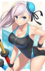 Rule 34 | 1girl, absurdres, arm up, armpits, beach, blue eyes, blue one-piece swimsuit, blush, breasts, closed mouth, competition swimsuit, day, fate/grand order, fate (series), floating hair, hair bun, hand on own hip, highres, large breasts, leaning forward, leg up, long hair, looking at viewer, miyamoto musashi (fate), miyamoto musashi (swimsuit berserker) (first ascension) (fate), one-piece swimsuit, one eye closed, outdoors, outside border, sand, sidelocks, single hair bun, smile, solo, splashing, suiroh (shideoukami), swimsuit, upper body, wading, wet, white hair, wristband