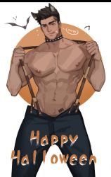 Rule 34 | 1boy, abs, animal costume, animal ears, bandaid, bandaid on face, bara, bat (animal), black hair, collar, denim, english text, facial hair, feet out of frame, halloween, halloween costume, happy halloween, highres, jeans, jiecaoxiong, large pectorals, licking lips, male focus, muscular, navel, navel hair, nipples, open pants, original, pants, pectorals, topless male, short hair, sideburns, solo, spiked collar, spikes, stubble, suspenders, tongue, tongue out, trick or treat, werewolf, wolf boy, wolf costume, wolf ears