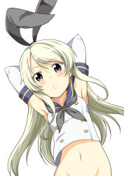 Rule 34 | 10s, 1girl, armpits, arms behind head, black eyes, blonde hair, colored eyelashes, elbow gloves, gloves, hairband, kantai collection, long hair, looking at viewer, minazuki futago, navel, out-of-frame censoring, shimakaze (kancolle), simple background, solo, white background