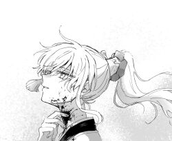 Rule 34 | 1girl, blood, blood on face, blood on neck, cuts, dying, fate/grand order, fate/samurai remnant, fate (series), floating hair, from side, grey hair, hand on own throat, injury, japanese clothes, lone nape hair, looking up, mo (aabx315), monochrome, parted lips, ponytail, portrait, solo, yui shousetsu (fate)