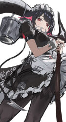 1girl black_hair black_pantyhose bucket candy ellen_joe fins fish_tail food food_in_mouth highres holding holding_weapon lollipop looking_at_viewer maid maid_headdress multicolored_hair pantyhose pink_hair red_eyes scar scar_on_tail shark_tail sharp_teeth simple_background solo tail teeth two-tone_hair weapon white_background wiersa zenless_zone_zero