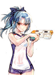Rule 34 | 1girl, alice gear aegis, bare shoulders, blue bow, blue bra, blue hair, bow, bra, branch (blackrabbits), breasts, brown eyes, commentary request, gun, hair bow, handgun, high ponytail, holding, holding gun, holding weapon, long hair, looking at viewer, see-through, serious, shirt, short shorts, shorts, simple background, sketch, sleeveless, sleeveless shirt, small breasts, solo, takanashi rei, underwear, weapon, wet, wet clothes, white background