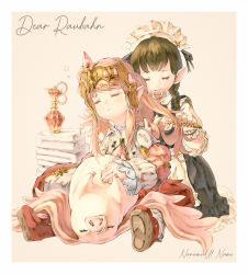 Rule 34 | 2girls, animal, animal on lap, apron, bimel isabella, black bow, black bowtie, black dress, black hair, border, bottle, bow, bowtie, braid, brushing another&#039;s hair, brushing hair, character name, closed eyes, comb, commentary, dress, english text, final fantasy, final fantasy xiv, frilled sleeves, frills, full body, hair tie in mouth, hatching (texture), highres, holding, holding comb, lalafell, long hair, long sleeves, maid, maid apron, maid headdress, mouth hold, multiple girls, nanamo ul namo, on lap, parted lips, perfume bottle, pink hair, pointy ears, porxie (ff14), puffy long sleeves, puffy sleeves, red footwear, shoes, side braid, simple background, sitting, sleeping, tiara, towel, white apron, white border, wrist cuffs, yellow background