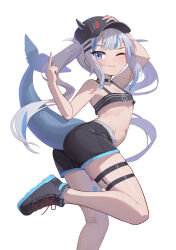 Rule 34 | 1girl, :3, absurdres, ass, baseball cap, black choker, black footwear, black hat, black shorts, black tank top, blue eyes, blue hair, blush, breasts, choker, commentary, cosplay, crop top, fake horns, fins, fish tail, foot out of frame, foot up, from behind, gawr gura, gills, hair ornament, hairclip, hand on own head, hat, heart stickers, highres, hirotaka0125, hololive, hololive english, horns, long hair, middle finger, multicolored hair, navel, o-ring, o-ring choker, one eye closed, shark girl, shark tail, shoelaces, shoes, short shorts, shorts, simple background, small breasts, sneakers, solo, standing, standing on one leg, streaked hair, tail, tank top, thigh strap, tokoyami towa, tokoyami towa (1st costume), tokoyami towa (cosplay), twintails, virtual youtuber, white background, white hair