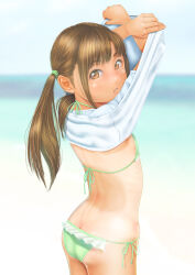 Rule 34 | 1girl, arms up, ass, back, bare arms, bare shoulders, bikini, blurry, blurry background, brown eyes, brown hair, butt crack, commentary request, cowboy shot, day, flat chest, frilled bikini, frills, from side, green bikini, halterneck, highres, horizon, lips, long hair, looking at viewer, looking back, ocean, one-piece tan, original, outdoors, parted lips, shirt, side-tie bikini bottom, sidelocks, solo, standing, straight hair, string bikini, swimsuit, tan, tanline, teeth, turning head, twintails, undressing, uzuki mei, white shirt
