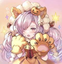 Rule 34 | 1girl, animal ears, animal hands, blush, buttons, commentary request, double-breasted, dress, fake animal ears, fang, flying sweatdrops, gradient background, granblue fantasy, hair ornament, hair over one eye, hair ribbon, jack-o&#039;-lantern, jack-o&#039;-lantern hair ornament, long hair, looking at viewer, necktie, niyon (granblue fantasy), niyon (lejonskrik) (granblue fantasy), official alternate costume, open mouth, orange dress, purple hair, red eyes, red necktie, ribbon, shiromimin, solo, star (symbol), twintails, upper body