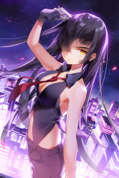 Rule 34 | 1girl, asymmetrical bangs, belt, black hair, breasts, buckle, building, character request, city, cleavage, collared shirt, cowboy shot, gilse, gloves, gun, gun to head, hair over one eye, holding, holding gun, holding weapon, lens flare, long hair, looking at viewer, loose necktie, midriff, mouth hold, necktie, night, night sky, outdoors, pants, petals, red necktie, shirt, sideboob, sky, sleeveless, sleeveless shirt, solo, star (sky), straight hair, sword girls, very long hair, weapon, yellow eyes