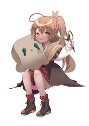 Rule 34 | 1girl, :3, aged down, ahoge, boots, brown capelet, brown cloak, brown eyes, brown hair, brown vest, capelet, cloak, feather hair ornament, feathers, friend (nanashi mumei), hair ornament, hairclip, highres, hololive, hololive english, long hair, nanashi mumei, ponytail, red skirt, scissors, shirt, skirt, smile, stuffed toy, very long hair, vest, virtual youtuber, white shirt, yopin lee