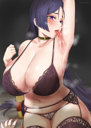 Rule 34 | 1girl, absurdres, arm up, armpits, bare shoulders, black bra, black panties, blush, bra, breasts, choker, cleavage, collarbone, curvy, fate/grand order, fate (series), garter belt, garter straps, highres, huge breasts, kirinkirin, lace, lace-trimmed bra, lace trim, legs together, licking, licking armpit, licking self, long hair, looking at viewer, low-tied long hair, minamoto no raikou (fate), navel, open mouth, panties, parted bangs, purple eyes, purple hair, saliva, sitting, solo, steam, steaming body, sweat, thighhighs, thighs, tongue, tongue out, underwear, very long hair