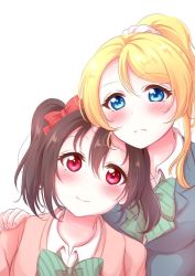 Rule 34 | 10s, 2girls, ayase eli, black hair, blonde hair, blue eyes, blush, bow, frown, hair bow, hand on another&#039;s shoulder, highres, love live!, love live! school idol project, multiple girls, pipette (artist), ponytail, portrait, red eyes, school uniform, scrunchie, smile, twintails, yazawa nico, yuri