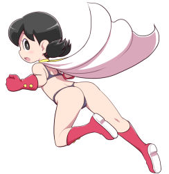 Rule 34 | 1girl, ass, black eyes, black hair, cape, child, doraemon, from behind, full body, gloves, looking back, minamoto shizuka, nollety, open mouth, short hair, simple background, solo, twintails, white background