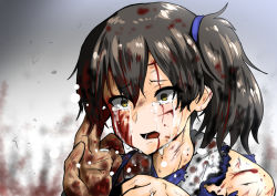 Rule 34 | 10s, 1girl, blood, blood on face, blood on clothes, blood in hair, blood on hands, commentary request, crying, crying with eyes open, injury, jewelry, kaga (kancolle), kantai collection, konoshige (ryuun), ring, solo, tears, torn clothes, upper body, wedding band
