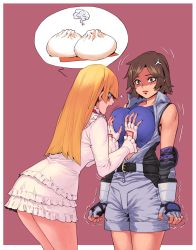Rule 34 | 2girls, absurdres, anger vein, angry, archvermin, arms at sides, baozi, bare shoulders, belt, blonde hair, blue eyes, blue gloves, blunt bangs, blush, border, breast awe, grabbing another&#039;s breast, breasts, brown eyes, brown hair, center opening, closed mouth, commentary, cowboy shot, cutout gloves, dress, elbow pads, emilie de rochefort, fingerless gloves, food, frilled dress, frilled sleeves, frills, gloves, grabbing, hand guard, highres, jumpsuit, kazama asuka, large breasts, leaning forward, long hair, looking at breasts, molestation, motion lines, multiple girls, open clothes, open mouth, outside border, red background, short hair, simple background, speech bubble, spoken object, standing, steam, surprised, tank top, tekken, trembling, white border, white dress, white gloves, yuri, zipper