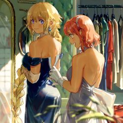 Rule 34 | 2girls, alternate costume, back, backless dress, backless outfit, bare shoulders, blonde hair, blue dress, blue eyes, blurry, blurry foreground, braid, braided ponytail, breasts, clothes hanger, depth of field, dress, dressing another, earrings, elbow gloves, fate/grand order, fate (series), fujimaru ritsuka (female), full-length mirror, gloves, highres, indoors, jeanne d&#039;arc (fate), jeanne d&#039;arc (ruler) (fate), jewelry, long hair, looking back, medium breasts, mirror, multiple girls, necklace, open mouth, pearl necklace, pink hair, profile, short hair, sidelocks, single braid, smile, standing, strapless, strapless dress, tamomoko, very long hair, white dress, white gloves, zipping