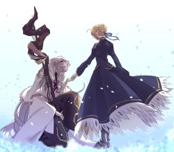 Rule 34 | 1boy, 1girl, ahoge, artoria pendragon (all), artoria pendragon (fate), black legwear, blonde hair, blue dress, boots, braid, capelet, cloak, closed eyes, dress, facing to the side, fate/grand order, fate (series), hair bun, hair ribbon, highres, holding, holding hands, holding staff, hood, kneeling, long hair, looking at another, looking down, merlin (fate), armored boots, morita yuu, on one knee, outstretched arm, petals, ribbon, robe, saber (fate), short hair, sidelocks, simple background, single hair bun, staff, standing, very long hair, white hair