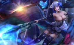 Rule 34 | 1girl, bare shoulders, blue hair, blue thighhighs, breasts, cleavage, gwendolyn (odin sphere), holding, holding spoon, large breasts, limgae, looking at viewer, low wings, odin sphere, open mouth, polearm, purple eyes, short hair, solo, spear, spoon, thighhighs, vanillaware, weapon, wings
