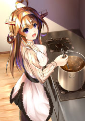 Rule 34 | 1girl, :d, ahoge, apron, breasts, brown hair, commentary request, cooking, floor, hairband, heart, heart ahoge, kantai collection, kongou (kancolle), kongou kai ni (kancolle), ladle, long hair, long sleeves, looking at viewer, looking up, medium breasts, miyazaki yukichi, open mouth, pantyhose, pot, purple eyes, ribbed sweater, shadow, smile, solo, stove, sweater, turtleneck, turtleneck sweater, wooden floor