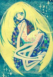 Rule 34 | 1girl, :d, bare arms, bare shoulders, blonde hair, blue background, blunt bangs, chibibanbi, creatures (company), dress, game freak, green eyes, heart, high heels, leggings, long hair, looking at viewer, lusamine (pokemon), nintendo, open mouth, painting (medium), pokemon, pokemon sm, short dress, sleeveless, sleeveless dress, smile, solo, star (symbol), traditional media, turtleneck, very long hair, watercolor (medium), white dress