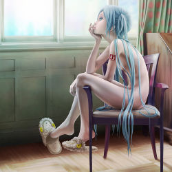Rule 34 | 1girl, animal slippers, arm support, artist nudity, barefoot, blue eyes, blue hair, casual nudity, chair, feet, finger in own mouth, finger to mouth, flat chest, hatsune miku, head rest, legs, long hair, long legs, matching hair/eyes, nude, pi (pppppchang), profile, realistic, shoe dangle, sitting, skinny, slender, slippers, slouching, solo, tattoo, tongue, twintails, very long hair, vocaloid, window