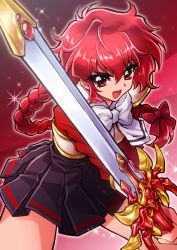 Rule 34 | 1990s (style), 1girl, armor, bow, braid, hair bow, highres, long hair, looking at viewer, magic knight rayearth, open mouth, pleated skirt, red eyes, red hair, school uniform, shidou hikaru, single braid, skirt, solo, sparkle, sword, weapon, yuuno (hack y)