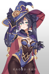 Rule 34 | 1girl, arm up, armpits, black gloves, black hair, blue hat, blue leotard, breasts, brown pantyhose, cape, cowboy shot, detached sleeves, earrings, genshin impact, gloves, gluteal fold, gold trim, gradient background, green eyes, grin, groin, hat, highleg, highleg leotard, highres, jewelry, kaosu kun, leotard, long hair, long sleeves, looking at viewer, medium breasts, mona (genshin impact), navel, pantyhose, primogem, smile, solo, standing, strapless, strapless leotard, thigh gap, thighs, twintails, white background, witch hat