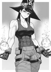 Rule 34 | 1girl, absurdres, black gloves, black hair, breasts, cleavage, covered abs, cowboy shot, en&#039;en no shouboutai, gloves, greyscale, grin, hat, highres, large breasts, maki oze, medium breasts, monochrome, muscular, muscular female, pants, smile, solo, speedl00ver, witch hat