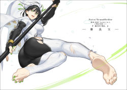 Rule 34 | 1girl, :d, ass, azusa (hws), barefoot, black gloves, black hair, bodysuit, breasts, bun cover, cape, character name, copyright name, double bun, elbow gloves, fate/grand order, fate (series), feet, fingerless gloves, gloves, green eyes, green nails, hair ribbon, holding, holding weapon, impossible clothes, looking at viewer, looking back, nail polish, open mouth, polearm, qin liangyu (fate), ribbon, smile, soles, solo, spear, stirrup legwear, teeth, toeless legwear, toenail polish, toenails, toes, torn, torn clothes, torn legwear, weapon, white background, white legwear