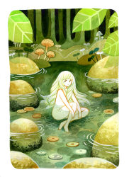 Rule 34 | 1girl, border, clover, colored skin, forest, green hair, heikala, highres, leaf, long hair, multicolored skin, mushroom, nature, nude, original, outdoors, partially submerged, pond, ripples, rock, sitting, solo, two-tone skin, very long hair, water, white border, white skin
