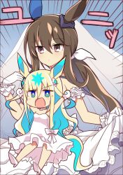 Rule 34 | 2girls, admire vega (umamusume), animal ears, arms up, bare shoulders, blonde hair, blue background, blue eyes, blue hair, blush, breasts, bridal veil, brown eyes, brown hair, chibi, cleavage, clenched hands, closed mouth, clothes lift, collarbone, colored inner hair, commentary request, cowboy shot, dress, dress lift, ear covers, ear ornament, emphasis lines, flower, frilled dress, frills, gloves, hair between eyes, hair ornament, high heels, highres, horse ears, horse girl, horse tail, jewelry, lifted by self, looking at viewer, low ponytail, medium breasts, multicolored hair, multiple girls, necklace, neo universe (umamusume), open mouth, petals, ponytail, simple background, single ear cover, streaked hair, tail, umamusume, veil, wahiko (black bastard), wedding dress, white dress, white footwear, white gloves