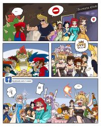 Rule 34 | 6+boys, 6+girls, angry, anna (frozen), ariel (disney), armlet, bare shoulders, beauty and the beast, belle (disney), black dress, black hair, blonde hair, blue dress, blue eyes, blue hair, boo (mario), bowser, bowsette, braid, breasts, brown eyes, brown hair, cinderella (disney), cleavage, closed eyes, closed mouth, collar, comic, crossover, dress, earrings, elbow gloves, elsa (frozen), fa mulan (disney), facial hair, frozen (disney), gloves, grin, happy, hat, highres, horns, jewelry, johnny bravo (character), long hair, m. bison, mario, mario (series), matching hair/eyes, medium breasts, mulan, multiple boys, multiple girls, mustache, nintendo, open mouth, pointy ears, ponytail, princess king boo, purple eyes, purple hair, rapunzel (disney), red hair, ryu (street fighter), sharp teeth, short hair, smile, snow white (disney), snow white and the seven dwarfs, sonic (series), sonic the hedgehog, spiked armlet, spiked collar, spiked shell, spikes, strapless, street fighter, sunglasses, super crown, teeth, the little mermaid, the princess and the frog, tiana (the princess and the frog), tongue, upper teeth only, white gloves
