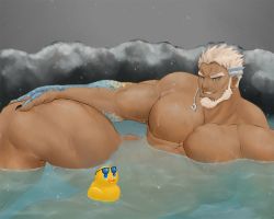 Rule 34 | 1boy, abs, aegir (housamo), anchor earrings, aqua hair, bara, beard, blue eyes, completely nude, convenient censoring, d0iii0b, dark skin, dark-skinned male, earrings, facial hair, feet out of frame, jewelry, knee up, large pectorals, male focus, mature male, multicolored hair, muscular, muscular male, navel, nipples, nude, onsen, partially submerged, pectorals, rock, rubber duck, short hair, sideburns, single earring, smile, solo, stomach, streaked hair, thick thighs, thighs, tokyo houkago summoners, white hair