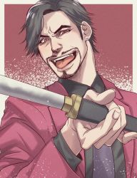 Rule 34 | 1boy, black hair, coco (h221414), dagger, ear piercing, facial hair, fangs, formal, goatee, highres, holding, holding weapon, jacket, knife, lips, male focus, manly, mature male, necktie, nishitani homare, piercing, purple neckwear, red eyes, red jacket, ryuu ga gotoku (series), ryuu ga gotoku 0, short hair, tongue, tongue out, upper body, weapon, yakuza