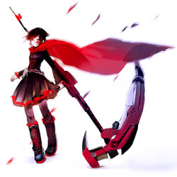 Rule 34 | 1girl, black pantyhose, boots, cape, corset, cross-laced footwear, dress, huge weapon, lace-up boots, looking at viewer, motion blur, pantyhose, red cape, ruby rose, rwby, scythe, short hair, skirt, so-bin, solo, weapon, white background