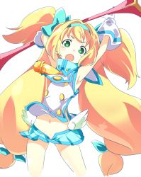 Rule 34 | 1girl, armpits, bell, blazblue, blonde hair, blush, boots, bow, cowbell, flat chest, gloves, green eyes, hair bow, heart, heart-shaped pupils, ixy, long hair, platinum the trinity, quad tails, skirt, solo, symbol-shaped pupils, two side up, very long hair, white gloves
