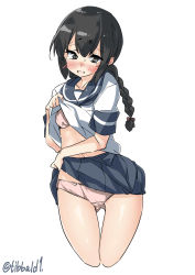 Rule 34 | 10s, 1girl, black eyes, black hair, blue skirt, blush, bow, bra, braid, braided ponytail, clothes lift, collarbone, cowboy shot, cropped legs, ebifurya, hair bow, highres, isonami (kancolle), kantai collection, lifting own clothes, long hair, looking at viewer, open mouth, panties, pink bow, pink bra, pink panties, pleated skirt, school uniform, serafuku, short sleeves, simple background, single braid, skirt, skirt lift, solo, standing, stomach, sweat, tears, thigh gap, twitter username, underwear, white background