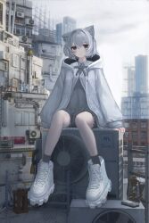 Rule 34 | 1girl, air conditioner, animal ears, black socks, blush, building, closed mouth, cloud, cloudy sky, cross-shaped pupils, day, dress, grey hair, hair between eyes, highres, hood, hood down, hooded jacket, industrial pipe, jacket, lantern, long sleeves, looking at viewer, m. (emudotto), open clothes, open jacket, original, outdoors, shoes, sitting, sky, sneakers, socks, solo, symbol-shaped pupils, white footwear, white jacket