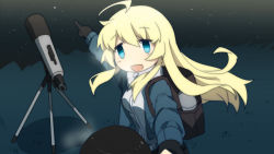 Rule 34 | 2girls, :d, ahoge, backpack, bag, bison cangshu, black gloves, blonde hair, blouse, blue eyes, blue jacket, blush, chito (shoujo shuumatsu ryokou), contemporary, gloves, hair between eyes, highres, jacket, long hair, multiple girls, night, night sky, open clothes, open jacket, open mouth, outdoors, pointing, shirt, shoujo shuumatsu ryokou, sky, smile, solo focus, star (sky), starry sky, telescope, very long hair, white shirt, yuuri (shoujo shuumatsu ryokou)