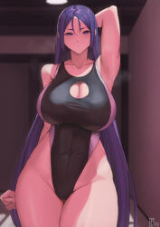 Rule 34 | 1girl, absurdres, arm up, armpit crease, armpit focus, armpits, bare shoulders, breasts, cleavage, fate/grand order, fate (series), highleg, highleg swimsuit, highres, kakeku, large breasts, long hair, looking at viewer, minamoto no raikou (fate), one-piece swimsuit, parted bangs, purple eyes, purple hair, solo, swimsuit, very long hair, wide hips