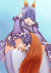 Rule 34 | 1girl, animal ears, arms behind back, ass, bare shoulders, blue dress, blue hair, braid, covering privates, covering ass, dog ears, dress, elin, from behind, from below, kumehara chiyota, long hair, panties, panty peek, pantyshot, short dress, solo, standing, tail, tera online, thighhighs, thighs, twin braids, twintails, underwear, upskirt, white panties, white thighhighs, wide hips