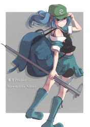 Rule 34 | 1girl, adjusting clothes, adjusting headwear, backpack, bad id, bad pixiv id, bag, bare shoulders, bike shorts, bike shorts under skirt, blue eyes, blue hair, boots, character name, frown, hair bobbles, hair ornament, hat, highres, kawashiro nitori, key, looking back, matching hair/eyes, off shoulder, rin yu shijin, short hair, shorts, shorts under skirt, skirt, solo, touhou, twintails, two side up, wrench