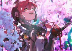 Rule 34 | 1girl, armor, bad id, bad twitter id, blush, chromatic aberration, flower, gloves, long hair, lora (xenoblade), nintendo, parted lips, red hair, shiomi (lowrise), short hair, simple background, smile, solo, very long hair, xenoblade chronicles (series), xenoblade chronicles 2, xenoblade chronicles 2: torna - the golden country, yellow eyes