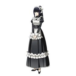 Rule 34 | 1girl, black eyes, black hair, cross, doppelganger, frown, full body, high ponytail, long hair, looking at viewer, maid, maid headdress, monster girl, narberal gamma, official art, overlord (maruyama), solo, transparent background, white background
