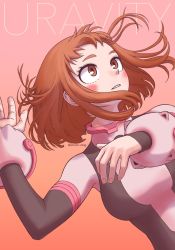 Rule 34 | 1girl, arm up, blush, boku no hero academia, breasts, brown eyes, brown hair, gauntlets, hand on own chest, highres, horikoshi kouhei (style), imoan atag, large breasts, looking up, messy hair, official style, pink background, short hair, simple background, solo, tight clothes, twitter username, uraraka ochako
