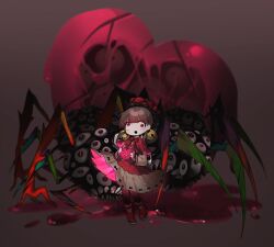 Rule 34 | 1girl, absurdres, bell, beret, blood, boots, bow, bowtie, brown hair, bug, capelet, commentary, dress, extra eyes, hair bell, hair ornament, hat, heart, highres, holding, holding heart, jingle bell, laetitia (project moon), lazy eye, lobotomy corporation, nanle, open mouth, pantyhose, pink dress, pink eyes, project moon, red bow, red bowtie, red capelet, red dress, red footwear, red headwear, red pantyhose, spider, symbol-only commentary, two-sided dress, two-sided fabric, two-tone dress