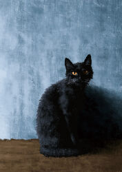 Rule 34 | animal, animal focus, black cat, canvas texture, cat, commentary request, full body, highres, looking at viewer, no humans, orange eyes, original, realistic, sadajiro, shadow, sitting, solo