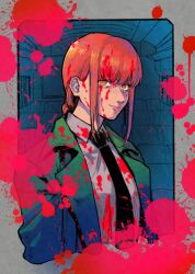 Rule 34 | 1girl, black necktie, blood, blood in hair, blood on clothes, blood on face, blood splatter, border, braid, braided ponytail, chainsaw man, collared shirt, drgryu750, formal, grey border, grey shirt, highres, looking at viewer, makima (chainsaw man), medium hair, necktie, outside border, red hair, ringed eyes, shirt, sidelocks, smile, solo, suit, train interior, yellow eyes